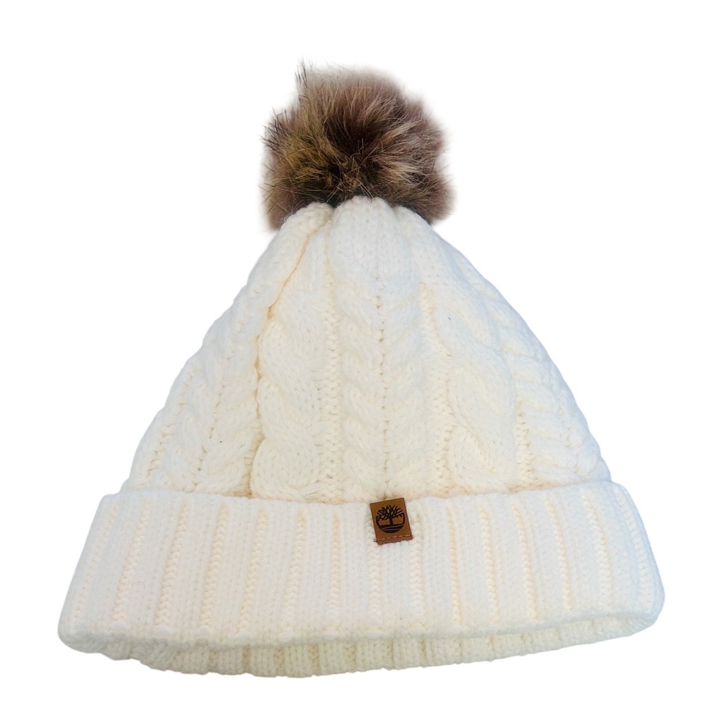Timberland Womens Cable Knit Beanie Cream White Faux Fur Pom Pom Fleece Lined OS